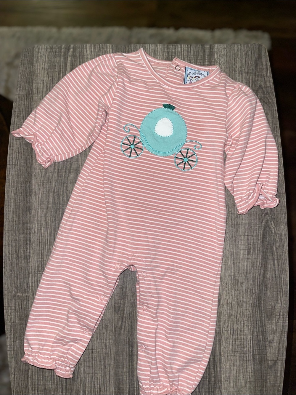 Three Sisters Striped Pink with Teal Carriage Fairytale Appliqué Romper Size 9m